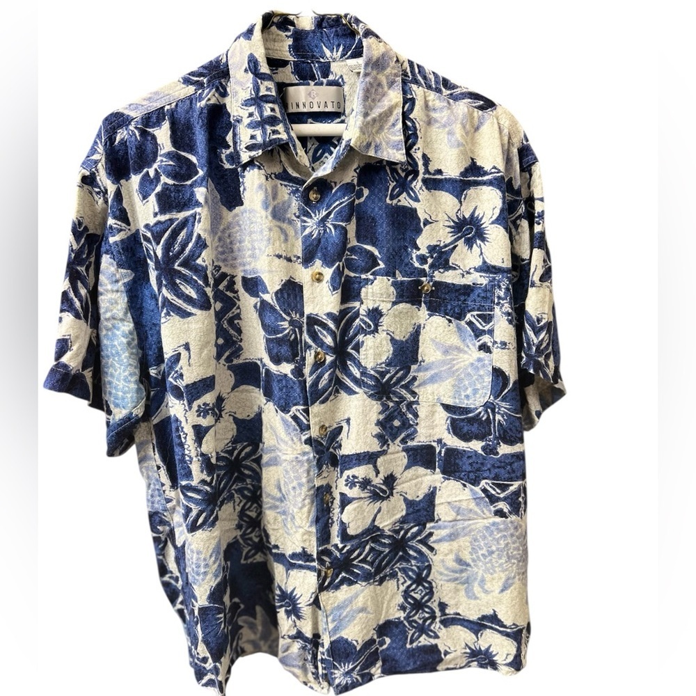 Men's Blue-white Flower Casual Short Sleeve Button Down Textured Beach Shirt Lrg